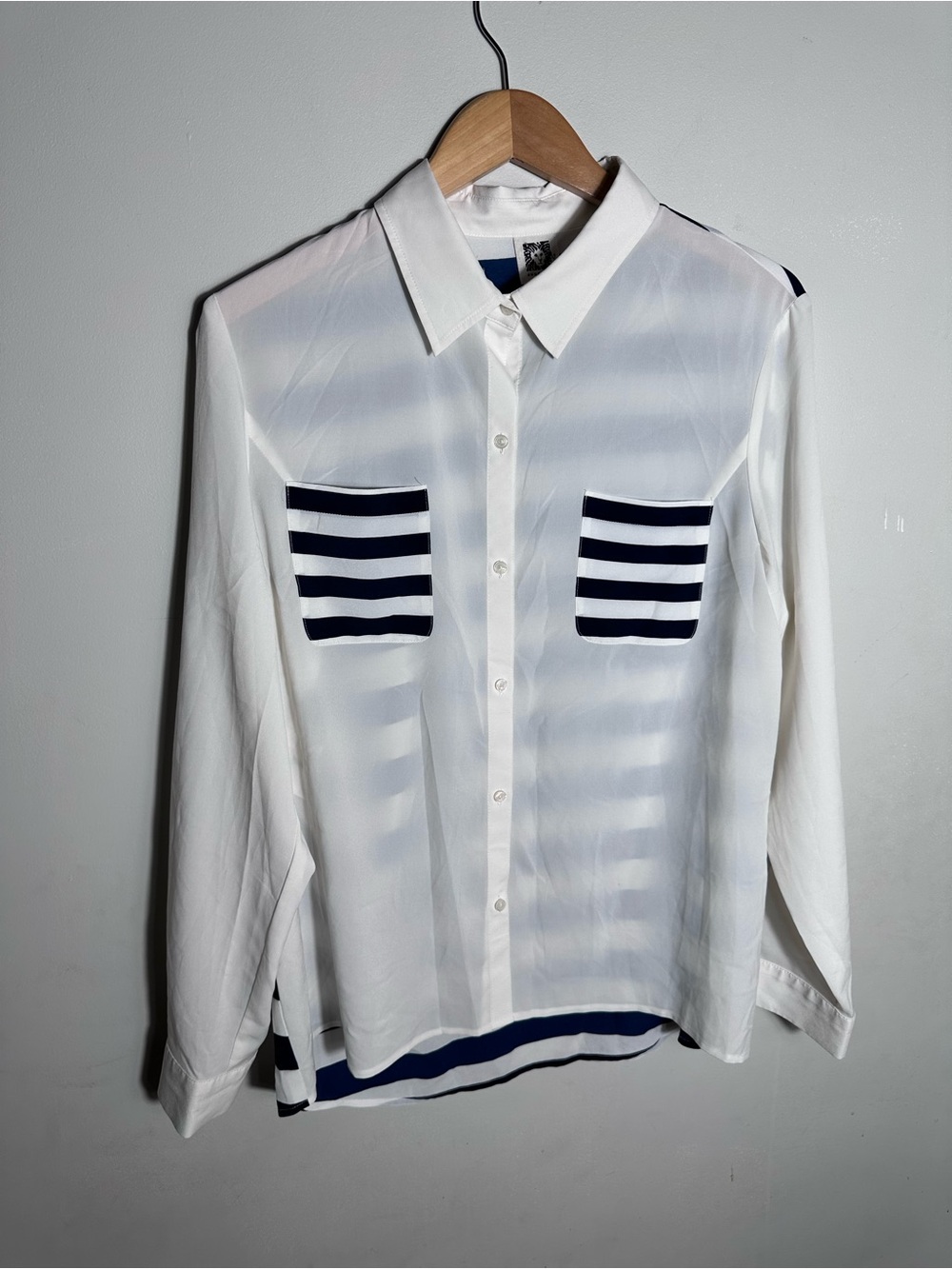 Anne Klein White Button-Front Blouse with Navy Stripe Pocket Accents